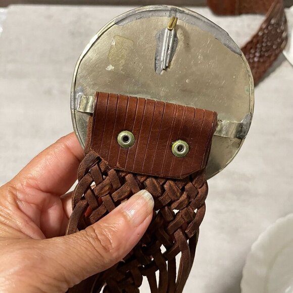 Motif 56 Braided Brown Leather Waist Belt Round Inlay Silver Buckle Women\'s M